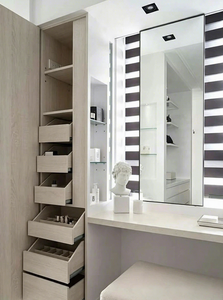 <strong>Bedroom</strong> Floating <strong>Vanity</strong> <strong>Unit</strong>, with Dark Wood Pillars and Open Shelves LED Decorative Lights - Product Image 3