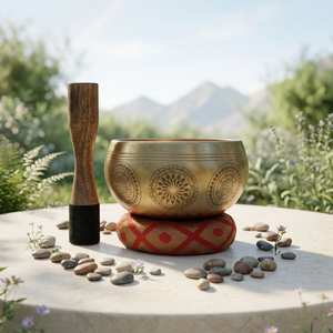 Bol chantant tibétain en laiton de haute qualité Evana avec marteau et coussin pour la méditation et la thérapie, décoration d'intérieur, bol sonore - Product Image 1
