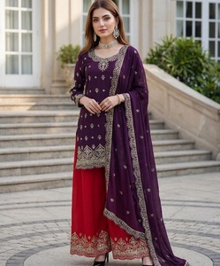 Ensemble de costume indien pakistanais en soie brodée violette, Salwar Kameez Dupatta, tenue de mariage traditionnelle pour femmes, vêtements de soirée - Product Image 1
