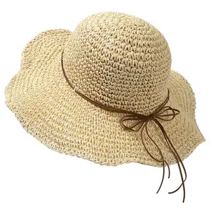 千寻女式可折叠太阳帽宽边UPF 50 + 编织夏季稻草软包沙滩帽批发