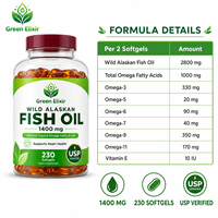 Elixir vert, capsules d'huile de poisson oméga-3, sauvage d'Alaska, 230 capsules/flacon, certifié halal, aide à la digestion, 1 à 2 capsules par jour pour adultes