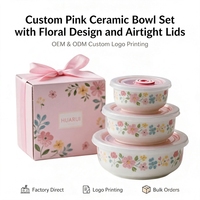 Ensemble de 3 bols à soupe en porcelaine florale personnalisés avec couvercle, sans BPA, écologiques, sans plomb, résistants au four, boîte cadeau