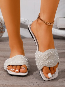 Women Pearl Embellished Square Toe <b>Slide</b> Sandals Open Toe Flat Slippers For Summer Beach Party - Product Image 5