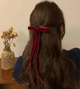 Vintage preto grande veludo arco cabelo clipe fita longa coreano hairpins barreta cabelo acessórios para as mulheres menina