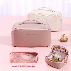 Sac à cosmétiques imperméable en cuir PU de couleur unie à fermeture éclair transparente pour femmes Berger, grande capacité moyenne - Product Image 1