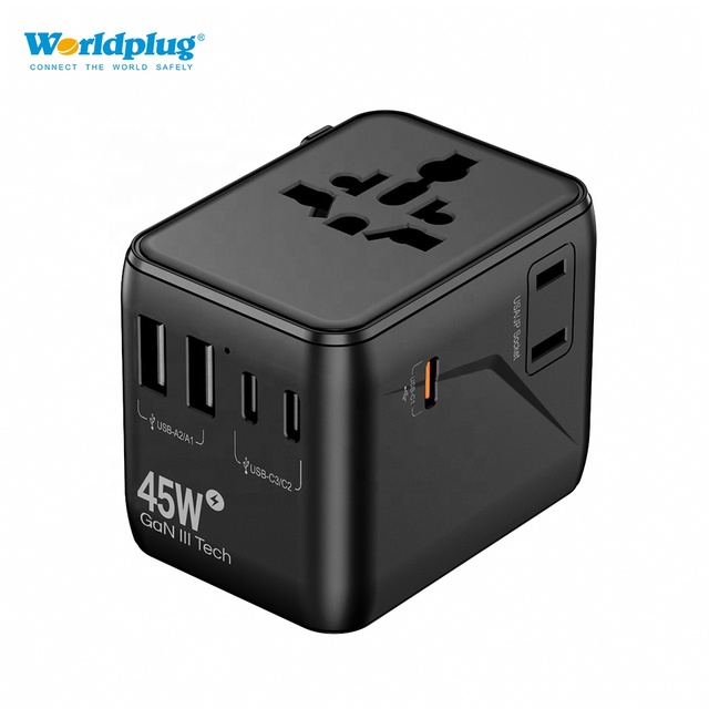 Worldplug 2AC Outlets PD 45W 2500W Power Travel Adaptor Multi Plug Universal Travel Adapter with 3 Type-C and 2 USB