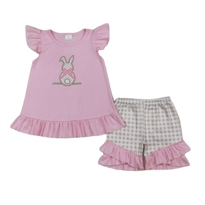 GSSO0374 RTS Vente en gros Ensemble de vêtements d'été pour petite fille avec broderie de lapin rose de Pâques, manches courtes, vêtements pour enfants - Product Image 1
