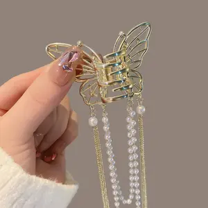 New Design Retro Classic Traditional Hair Accessories Metal Fringe Pearl Alloy Butterfly Claw Clip