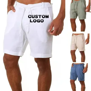 Custom Logo Printing Factory Direct Summer Linen Cotton Shorts Men Drawstring Casual Plain Daily Short Pants Male