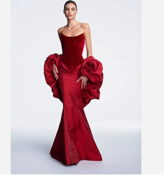 red rose formal dresses A-line Halter Deep V neck Red Rose Prom Dresses With High Slit Elegant –  SELINADRESS main image 1