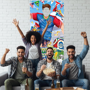 لافتة عالمية 71×35 بوصة لعام <span class=keywords><strong>2026</strong></span> مع صورة لاعب كرة قدم مع فتحة للوجه لتزيين حفلات كرة القدم العالمية - Product Image 5