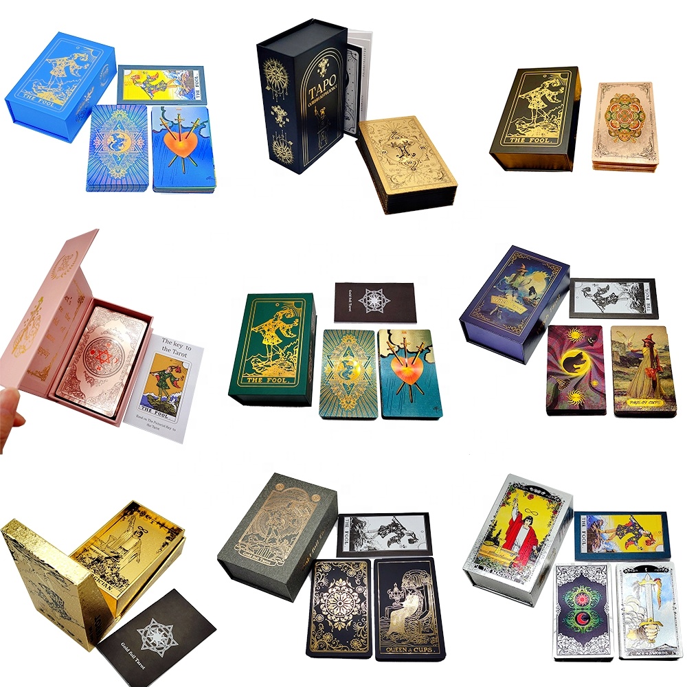 Cartas de Tarot de papel de aluminio dorado, juego de mesa personalizado de alta calidad, tarjetas de oráculo de plástico con caja magnética