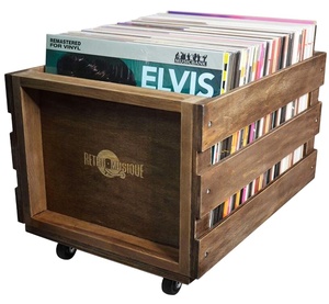 Retro Musique Wooden Vinyl LP Record Storage Crate on Wheels for Easy Mobility | Holds 80-100 LP's