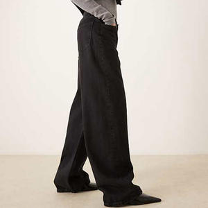 Jeans en denim décontractés confortables pour le travail, à jambe large et taille haute, noirs, <span class=keywords><strong>avec</strong></span> broderie de <span class=keywords><strong>fleurs</strong></span> roses, sur mesure pour femmes, OEM - Product Image 2