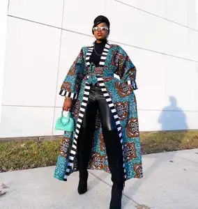 Wholesale Fashion Africa Women Clothing Ankara Print Black and White Binds Long Kimono Women's Long Sleeve Maxi Duster Design