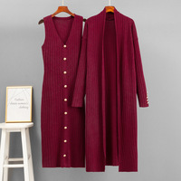 Ensemble Tricoté Twin-set pour Femmes Col en V Robe Midi sans Manches Gilet à Manches Longues Vêtements pour Femmes
