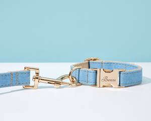 Bow Full Set, Personalized Denim <b>Fabric</b> With Engraved Name,Small Boy Puppy Collar,Summer Dog Collar And Leash - Product Image 2