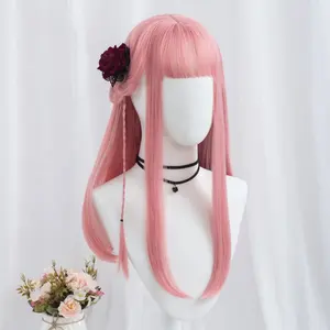 Vendita calda Lolita Perruque 50cm lungo dritto rosa chiaro capelli Anime parrucche sintetiche Cosplay parrucca festa di Halloween per le ragazze