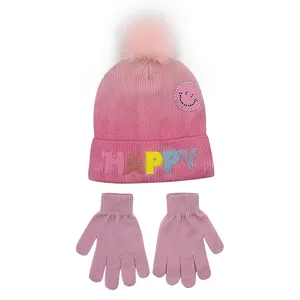 बच्चों OEM अनुकूलित धारीदार सर्दियों बुना हुआ टोपी आउटडोर Cuffed मुद्रित गुलाबी/ब्लू प्यारा लवली पोम पोम Beanie सेट