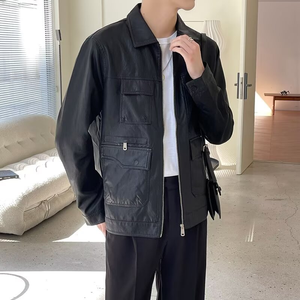 Blouson Bomber Homme en Similicuir PU et Polyester Lavé de Qualité Supérieure, Style Moto Cargo Décontracté, Coupe Boxy, avec Fermeture Éclair, Col Montant à Lettres, Printemps - Product Image 4