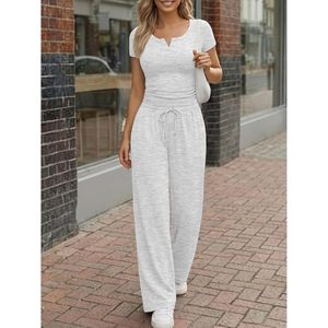 Ensemble Lounge 2 Pièces Femme : Crop Top Manches Courtes et Pantalon Large – Tenue Décontractée d'Été Respirante en Maille Assortie - Product Image 2