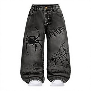 Jean ample taille mi-haute en polyester respirant, imprimé gothique toile d'araignée, style streetwear pour adultes, collection hiver - Product Image 1