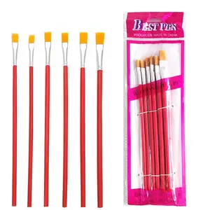 6 uds pincel de pintura barato rojo conjunto de pelo de nailon mango largo de madera pincel de pintura acrílica para dibujo artístico