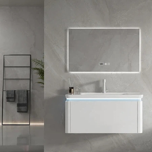 <span class=keywords><strong>Tocador</strong></span> de baño flotante moderno de un solo fregadero, espejo LED de gabinete resistente al agua pintado en <span class=keywords><strong>blanco</strong></span> brillante para apartamento, Hotel, Villa - Product Image 3