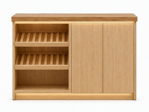 Meuble bar en bois finition chêne moderne avec portes coulissantes et casier à vin intégré pour salon ou bar à domicile - Product Image 1