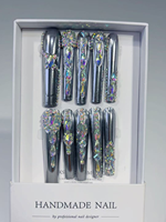 Lot de 10 faux ongles longs et résistants, pré-conçus, motif petit ours mignon et fleurs sculptées, faits à la main, avec colle, en ABS, pour l'exportation