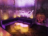 Comptoir de bar au néon en forme de L pour meubles en marbre à surface solide de style Cyberpunk pour affichage de pub commercial