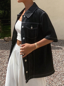 Phụ Nữ Thanh Lịch Bông Phụ Nữ Của Jean Áo Sơ Mi Retro Cowgirl Phong Cách Với Nút Phía Trước Và Ngắn Tay Áo Đồng Bằng Denim Tops - Product Image 4