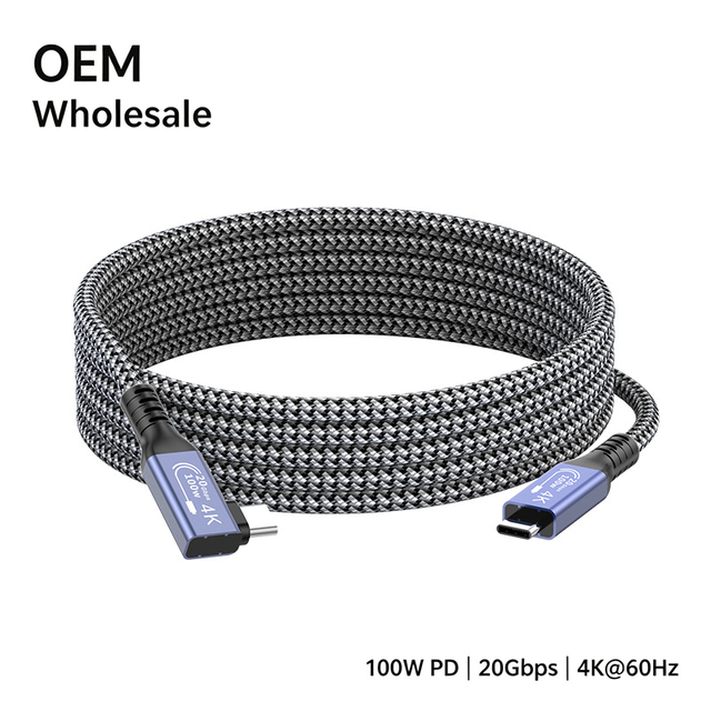 Oem Wholesale USB 3.2 Gen2x2 Type C Fast Charging Data Cable 20gbps 4k 60hz E-Marker Nylon Braided Right Angle