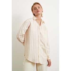 Chemise en modal à rayures contrastées fuchsia unisexe décontractée en popeline boutonnée pour tous les jours - Product Image 4