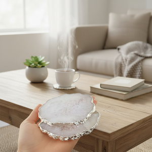 Wholesale Natural Stone Craft <b>Coasters</b> White Agate <b>Silver</b> Electroplated Slices Chakra Style Sier Rim Edge Semi-Precious Stone - Product Image 3