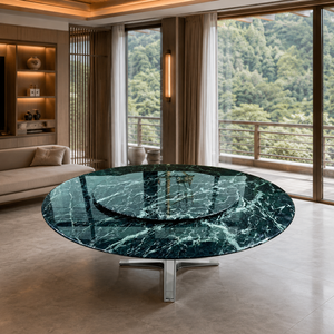 Table à manger ronde en marbre vert Alpi personnalisée, style moderne, 8 places, pieds en métal, meubles en pierre pour villa - Product Image 4