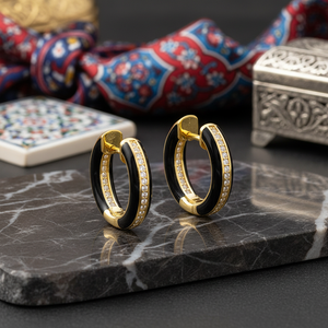 Pendientes de aro de piedra de circón de esmalte negro, venta al por mayor turca, joyería de plata de ley 925 fina hecha a mano - Product Image 3