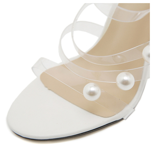 2025 Summer Collection White Lace-up Open Toe Pearl Decoration High Heels Trendy Fashion <b>Sandals</b> for Outdoor Parties - Product Image 5