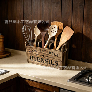 Caja de almacenamiento de utensilios de madera con compartimentos para vajilla de cocina, organizador de escritorio de madera maciza marrón con tapa abierta - Product Image 3
