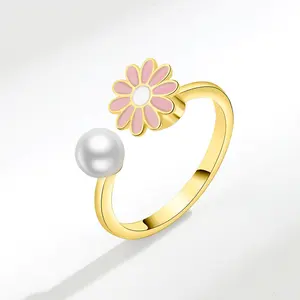 Fashionable Stainless Steel Pearl Flower Open Cuff 18k Gold Plated Anti Anxiety Ring
