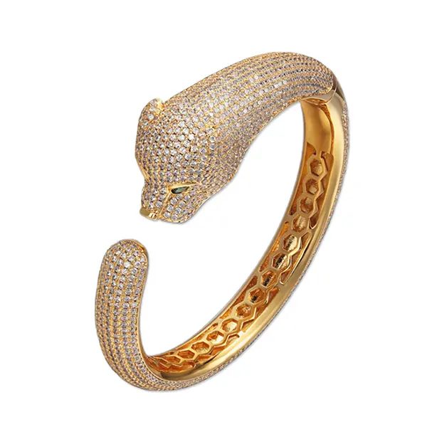 2022 light luxury gold plated platinum diamond leopard head bracelet ring set custom gem leopard head bracelet ring set