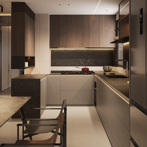 Meubles d'îlot de cuisine noir mat, design de cuisine moderne minimaliste, étagères ouvertes, sièges de bar, amplement de rangements - Product Image 4