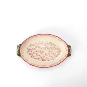 Custom Logo Ceramic Oval Hand Paint Bakeware Stoneware Bread Cake Baking Pans Dish Bake Tray With Handle