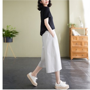 Cotton Elastic Waist Wide Leg Cropped Pants For Women Casual Breathable Solid Color Loose Fit Orange Black White Khaki 2536 - Product Image 3
