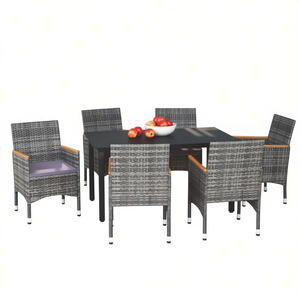 Ensemble de salle à manger en aluminium noir avec chaises grises 6 places, résistant aux intempéries, meubles de jardin d'extérieur - Product Image 1