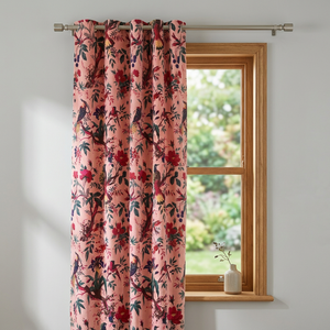 Tela de terciopelo de algodón estampada a mano con diseño de pájaros color melocotón para tapicería y decoración, se vende por yarda. - Product Image 1