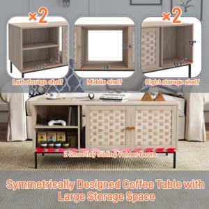 Sunrise-Mesa de centro con diseño de tejido moderno y elegante, 4 puertas corredizas, Mesa Central simétrica de madera, armario de almacenamiento con panel - Product Image 4