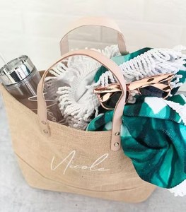 35*45cm Jute Shopping Tote Bag Grande Capacité Voyage Sac de Plage pour Femmes Sac d'Épicerie avec Poignée en Cuir - Product Image 5