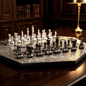 Jeu d'échecs de luxe en laiton, pièces métalliques artisanales, design contemporain, cadeau décoratif pour table, jeu d'intérieur, ensemble multi-pièces - Product Image 1
