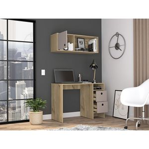 2-<b>Shelf</b> 3-Drawer Office <b>Desk</b> Set Light Oak Taupe Modern Design Home Workspace Furniture - Product Image 4